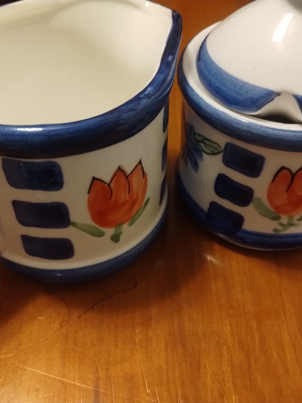 Hand-Painted Ceramic Sugar and Creamer Set in Blue & Orange